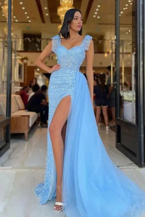 Luolandi Vintage Sky Blue Sweetheart Straps Sequins Slit Mermaid Evening Dress Tulle With Detachable Ruffles Off Shoulder